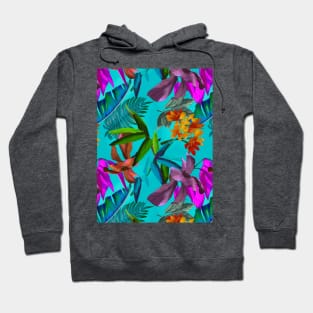 tropical floral leaves botanical garden, tropical plants,leaves and flowers, aqua blue leaves pattern Hoodie